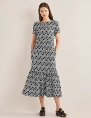 NWT Boden Emma Tiered T-Shirt Midi Dress Black White US 4 UK 8 Small Cotton M